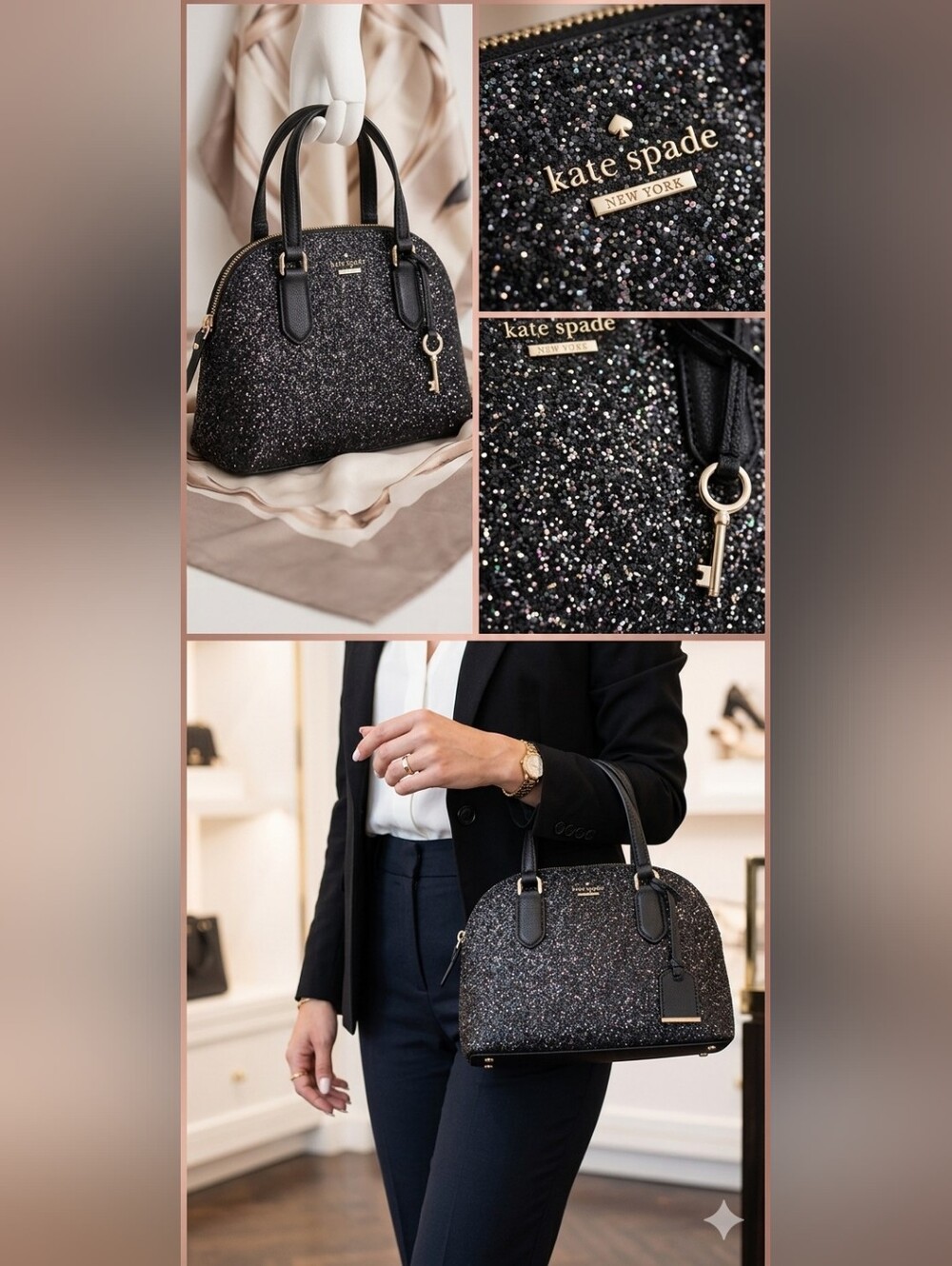 New Kate Spade Laurel Way Glitter Mini Reiley‎ Satchel Handbag Crossbody Black